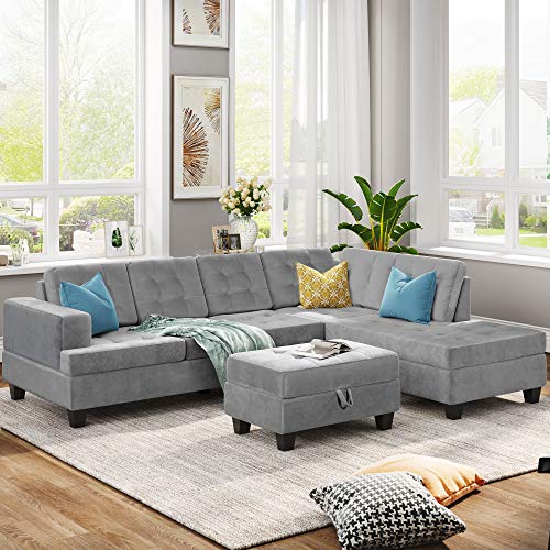 UNIROI Microfiber Upholstery Sectional, L-Shaped Couch with Storage Ottoman for Living Room Furniture Large Sofas, Grey