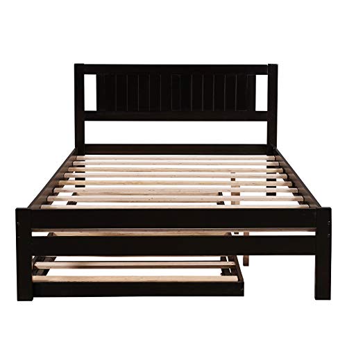 Full Platform Beds Wooden Full Bed Frame with Adjustable Trundle, Extendable Full Bed for Adults Kids Teens Bedroom, Espresso