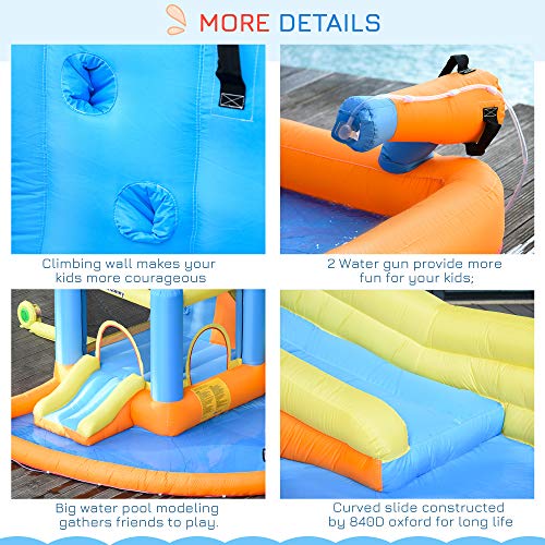 Outsunny Kids Inflatable Water Slide 5-in-1 Inflatable Bounce House Jumping Castle with Water Pool, Slide, Climbing Walls, & 2 Water Guns