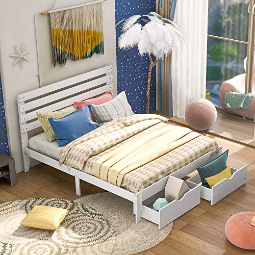 Queen Size Platform Bed with Two Drawers, Wood Platform Bed with Headboard, No Box Spring Needed, White