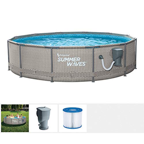 Summer Waves Active Metal Frame 12 Foot x 33 Inch Round Above Ground Swimming Pool Set with Filter Pump and Type D Filter Cartridge, Gray Rattan