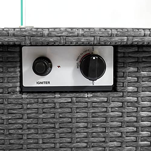 Brafab Outdoor Propane Gas Fire Pit Table 44 Inch with 8mm Tempered Glass Top and PE Wicker Frame, 50,000 BTU Auto-Ignition Coffee Tables with Glass Wind Guard ,Stone, Lid, Waterproof Cover (Gray)