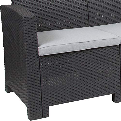 Flash Furniture Dark Gray Faux Rattan Sofa with All-Weather Light Gray Cushions