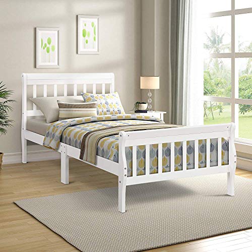 Wood Platform Bed Twin Bed Frame Panel Bed Mattress Foundation Sleigh Bed with Headboard/Footboard/Wood Slat Support by Harper & Bright Designs (White)