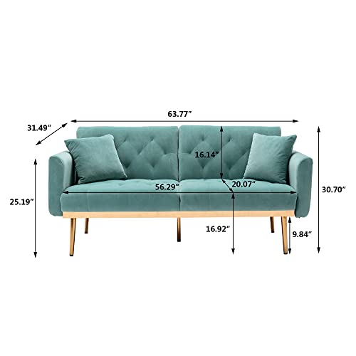 Velvet Love Seat Futon Sofa Bed Couch for Living Room Bedroom Office Modern Tufted Back Loveseat Sleeper Twin Mid Century Pull Out for Small Spaces Convertible Modular Sectional Daybed (Light Blue)
