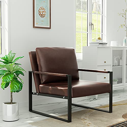 AWQM Mid-Century Loveseat and Accent Chair Set, Upholstered Modern Solid Faux Leather Armchair and Loveseat Sofa, 105 Degree Slant Back, Living Room Chair with Thick Padded Seat and Backrest- Brown