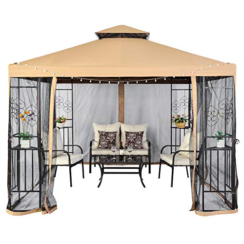SUNA OUTDOOR Patio Gazebo 10x10 Ft Steel Frame Two-Tiered Top Canopy, Heart Screen Decor Gazebo with Adjustable Netting for Garden Backyard, Beige