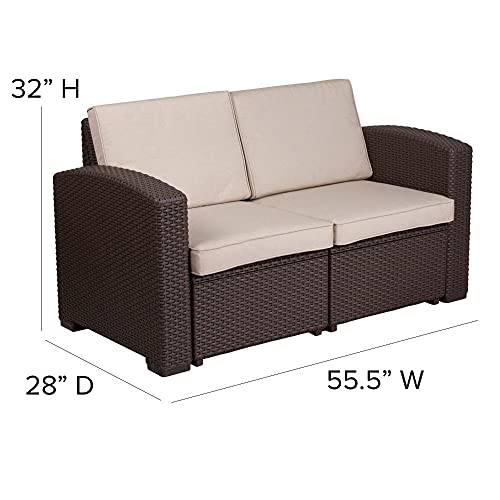 Flash Furniture Chocolate Brown Faux Rattan Loveseat with All-Weather Beige Cushions