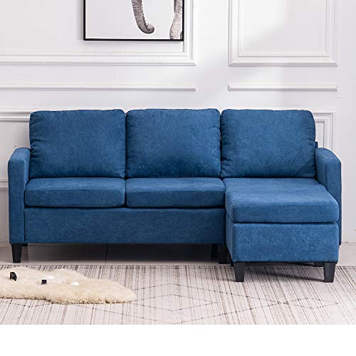 VINGLI Convertible Sectional Sofa Small 3-Seater Sectional Couch L-Shape Upholstered Sectional Sofa Couch with Reversible Chaise for Small Space (Blue)