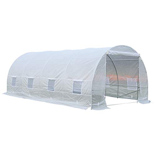 Outsunny 20’ x 10’ x 7’ Freestanding Tunnel Walk-in Garden Greenhouse Kit with 8 Roll-up Windows & Steel Frame, White