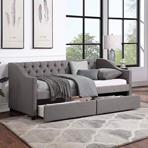 Twin Bed with Drawers, Upholstered Daybed with Storage Drawers, Wood Daybed Twin Size, No Box Spring Needed, Grey