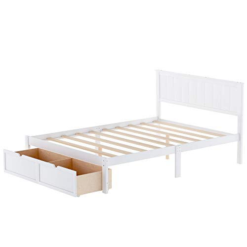 Full Size Platform Bed, Wood Platform Bed Frame with Storage Drawers, Wooden Full Size Platform Bed with Headboard for Kids Boys Girls Teens Adults, No Box Spring Needed, Easy Assembly, White