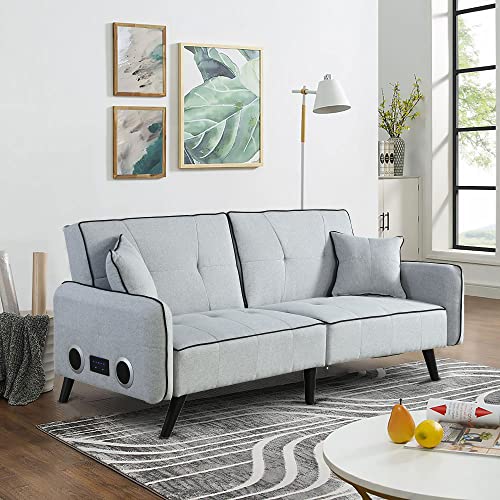 PHOYAL Convertible Linen Fabric Tufted Split-Back Plush Futon Sofa Furniture, Futon Sofa Bed, Bluetooth Speaker Sleeper Sofa Bed with Stereo for Living Room Bedroom Apartment(Grey)