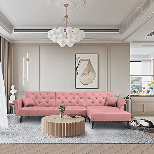 115” Wide Convertible Sofa Bed L-Shaped Pink Sectional Couches with 2 Pillows