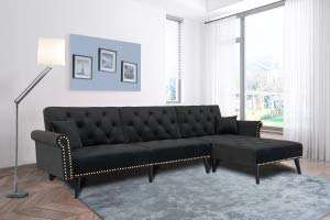 Peciafy Modern Reversible Sectional Sofa Couch for Living Room L-Shape Sofa Couch 3-seat Sofas Solid Wood Legs for Small Space, Decor with Metal Nails - Black