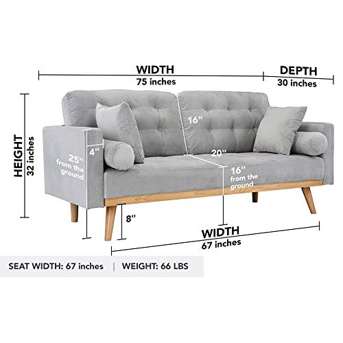 Casa Andrea Milano LLC Mid Century Modern Tufted Upholstered Fabric Sofa Couch, Light Grey Velvet