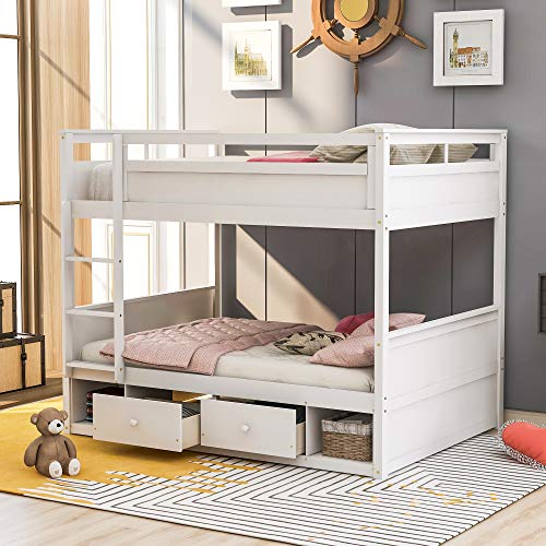 Harper & Bright Designs Full Over Full Bunk Bed, Solid Wood Full Bunk Bed Frames with Two Drawers and Two Storage, Guardrail for Kids, Teens, Adults