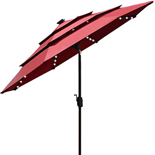 EliteShade Sunbrella Solar 9ft 3 Tiers Market Umbrella with 80 LED Lights Patio Umbrellas Outdoor Table with Ventilation and 5 Years Non-Fading Top,Burgundy