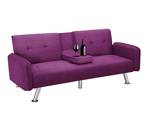 Futon Sofa Bed with Cup Holders, 3 Angles Adjustable Convertible Sleeper Sofa, Loveseat with 5 Metal Legs, Modern Couch Sofa for Living Room (Purple)