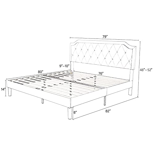 Allewie King Bed Frame with Diamond Button Tufted Headboard, Upholstered Platform Bed with Sturdy Wood Slat Support, No Box Spring Needed, Easy Assembly, Light Grey