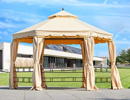 MELLCOM 12FT Outdoor Gazebo Canopy, Aluminum Frame Soft Top Hexagonal Outdoor Patio Gazebo with Polyester Curtains and Air Venting Screens Beige