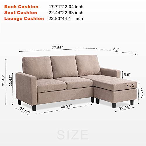 JY QAQA Convertible Sectional Sofa Couch with 3-Seat Sofa, L-Shaped Ottoman Couch with Modern Linen Fabric for Small Living Room, Apartment and Small Space(Dark Beige)