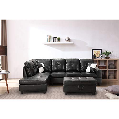 MAFOROB PU Reversible Sectional Sofa Couch for Living Room with Chaise & Ottoman & 2 Pillows, Left Chaise, Black
