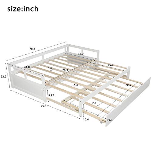 Daybed with Pop up Trundle Beds for Adults and Kids, Wooden Daybed with a Trundle Twin to King Design No Box Spring Required. (White)
