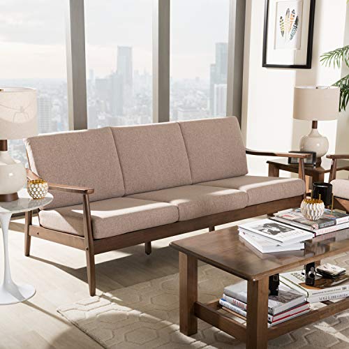 Baxton Studio Venza Mid-Century Modern Walnut Wood Light Brown Fabric Upholstered 3-Seater Sofa Mid-Century/Light Brown/Walnut Brown/Fabric Polyester 100%