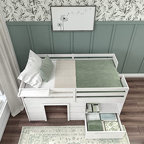 Max & Lily Modern Farmhouse Loft Bed with 1 Drawer, Twin, White Wash