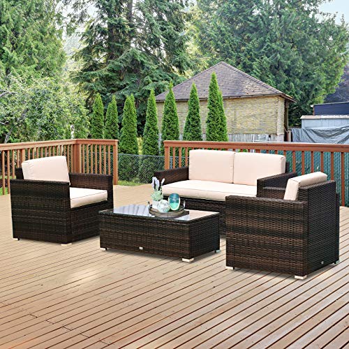 Outsunny 4-Piece Cushioned Patio Furniture Set, with 2 Chairs, Sectional, and Glass Coffee Table, Rattan Wicker, Brown