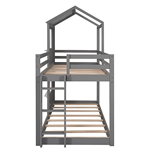 House Bunk Beds, Twin Over Twin Bunk Bed Wooden Low Bunk Bed Frame with Full-Length Guardrail for Kids/Teens/Girls/Boys,No Spring Needed, Gray