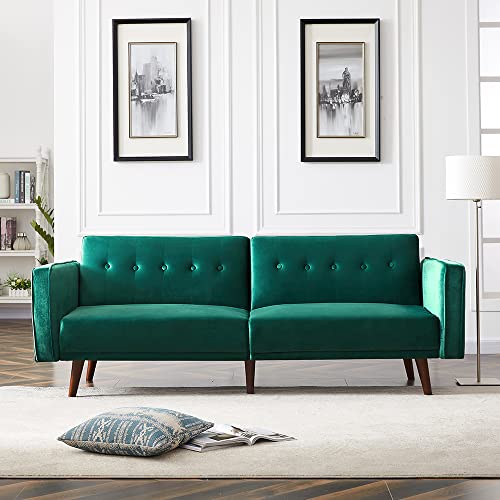 Hbaid Velvet Futon Sofa Bed, Modern Sleeper Sofa with 3 Inclined Angles, Living Room Couch with 6 Solid Wood Legs, Convertible Loveseat for Small Space