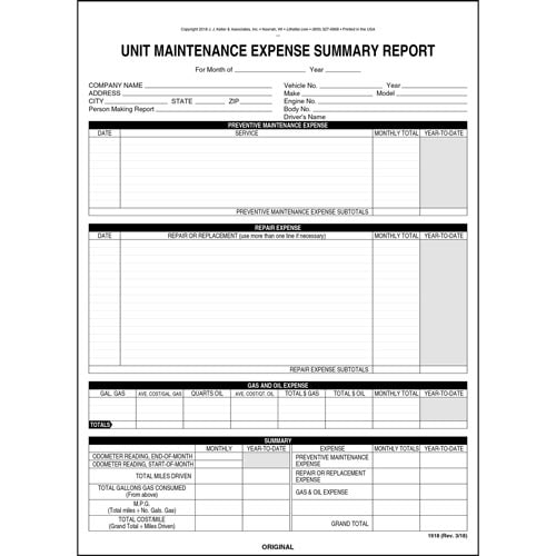 JJ Keller Unit Maintenance Expense Summary Form (Pack of 500)