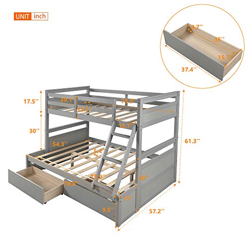 Merax Solid Wood Bunk Bed Frame No Box Spring Needed with Ladder, Safety Rail and Two Storage Drawers Platform, Twin/Full, Light Gray