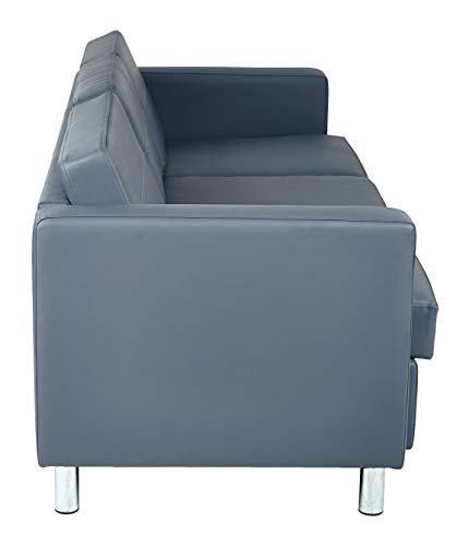Office Star Pacific Sofa with Padded Box Spring Seats and Silver Metal Legs, Dillon Blue Faux Leather