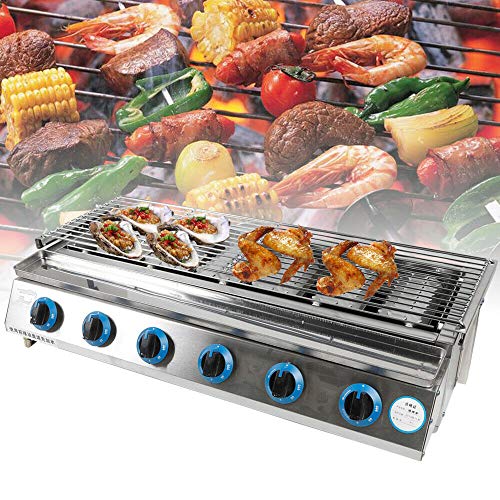 Gdrasuya10 6 Burner Commercial Gas LPG Grill, Smokeless Stainless Steel Independent Switch Outdoor BBQ Tabletop Cooker 2800pa