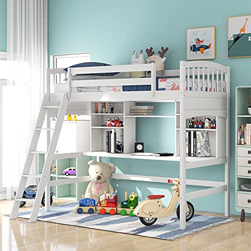 Wood Loft Bed with Desk Twin Size Study Loft Bed Frame with Angled Ladder, Environmental and Natural Finish for Kids and Teens