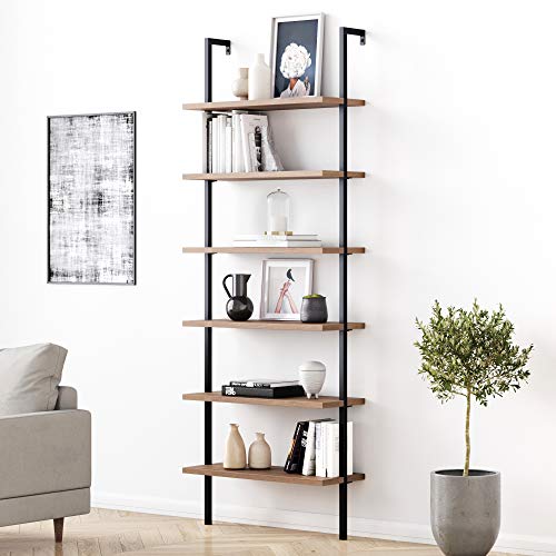 Nathan James Theo 6-Shelf Tall Bookcase, Wall Mount Bookshelf with Reclaimed Wood and Industrial Metal Frame, Oak/Black