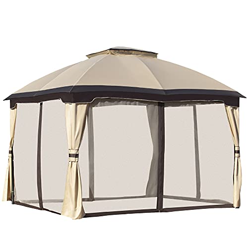 Outsunny 12' x 10' 2-Level Outdoor Gazebo Canopy Tent for Patio with Zippered Mesh Sidewalls, Solid Steel Frame, Arched Roof, Beige