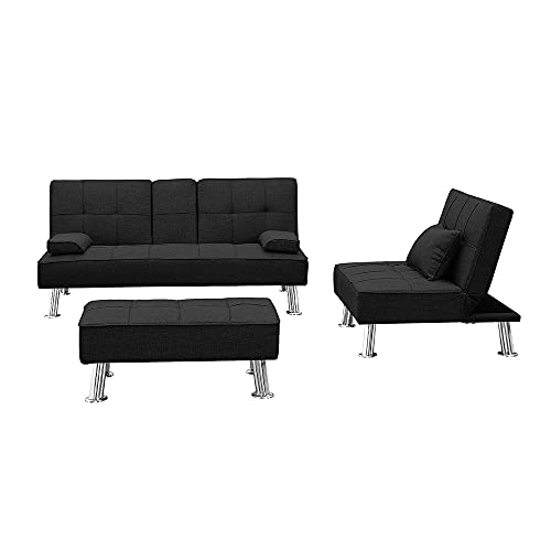 UNIROI Faux Leather 3 Piece Futon Sofa Bed Living Room Furniture Set, 2 Seater Fabric Convertible Folding Couch with Cup Holders Removable Armrest,Single Chair with Ottoman, Black C