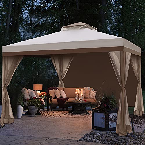 Hofzelt Ocala 10 x 10 Ft Gazebo Double Tier Patio Canopy Steel Frame with 4 Side Mosquito Netting and One Side Curtain (Beige)