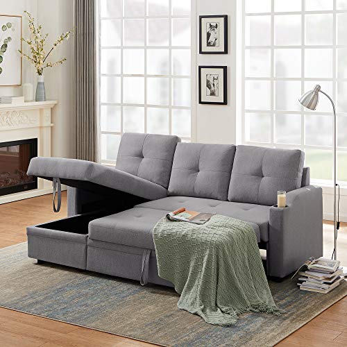 P PURLOVE Convertible Sectional Sofa, Modern Sleeper Sofa Bed, 3-Seater L-Shape Corner Couch, Pull Out Sleeper Sofa Bed with Pulley, with Storage Chaise and Two Cup Holders, Gray