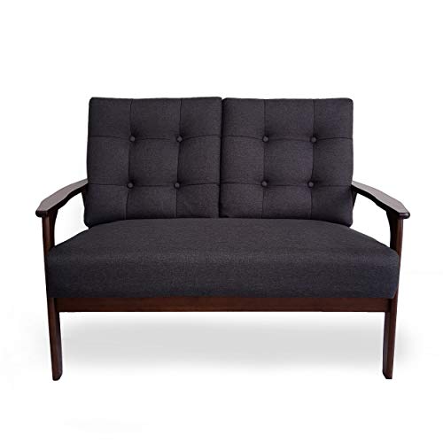 Christopher Knight Home Athena Mid Century Waffle Stitch Tufted Accent Loveseat with Rubberwood Legs-Black and Walnut Finish