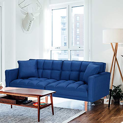 FCNEHLM 100 Modern Futon Bed, Convertible Sleeper Sofa with Armrests and 2 Pillows, Split Design, 100% Polyester Linen-Look Fabric, for Living Room(Yellow), Blue