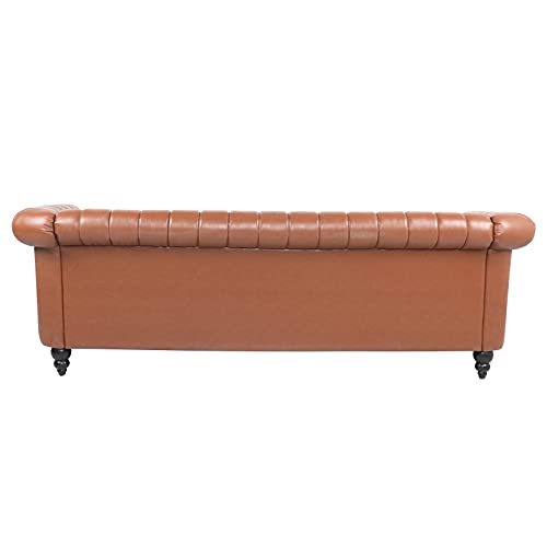 Chesterfield PU Leather Sofa Couch, Living Room Rolled Arm Three Seater Sofa