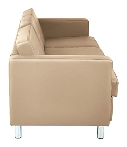 OSP Home Furnishings Ave Six Pacific Sofa with Padded Box Spring Seats and Silver Metal Legs, Dillon Buff Faux Leather
