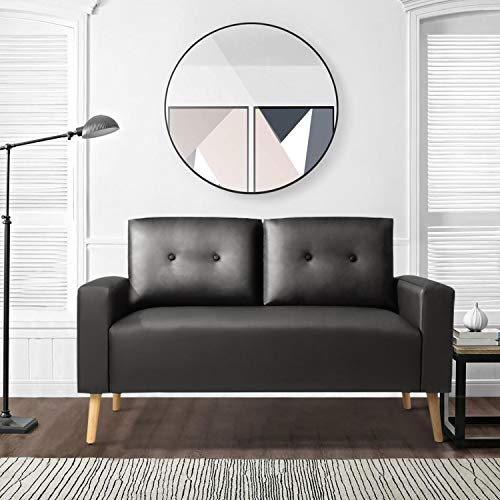 Pawnova Sleeper Button 2 Seater, Black Upholstered Mid Century PU Leather Loveseat Living Room, Modern Design Sofa with Tufted Back and Straight Armrests