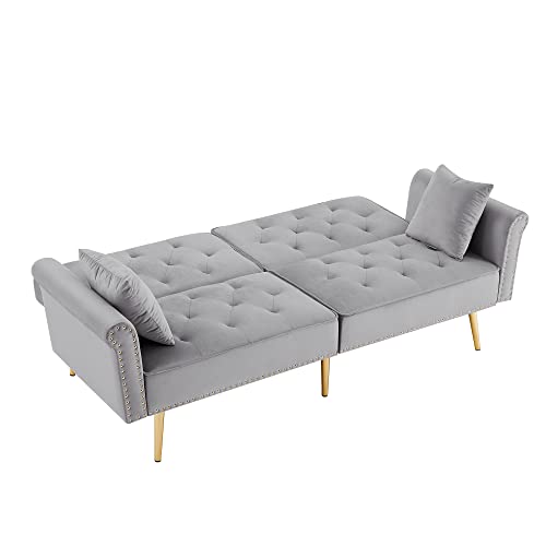 Tufted Velvet Sofa Bed Sleeper with 2 Pillows, Luxury Loveseat Couch, Living Room and Bedroom Furniture, Convertible Futon with Vintage Nailhead Trim and Metal Legs (Gray)