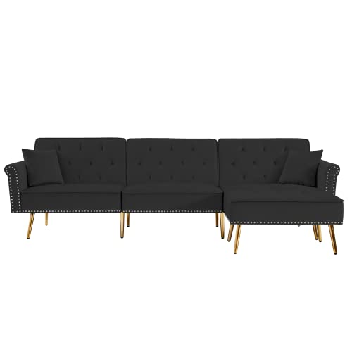 Olela L-Shaped Sectional Sofa,Modern Velvet Convertible Sleeper Couch Bed with Adjustable Back and Ottoman for Living Room and Bedroom (Black)